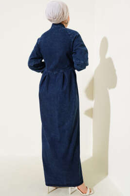 Boydan Düğmeli Pile Detaylı Kot Elbise Lacivert - Tesettür Elbise
