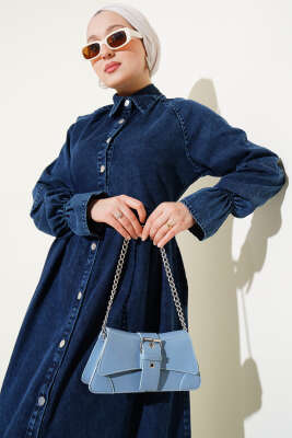 Boydan Düğmeli Pile Detaylı Kot Elbise Lacivert - Tesettür Elbise