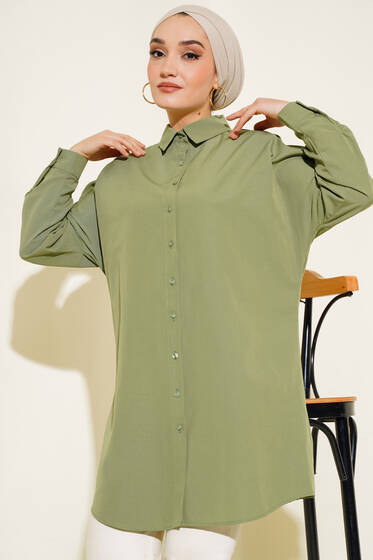 Boydan Düğmeli Pileli Uzun Gömlek Haki - Gömlek