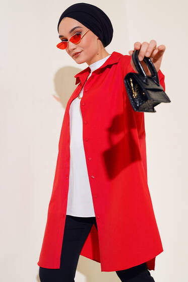 Boydan Düğmeli Pileli Uzun Gömlek Kırmızı - Gömlek