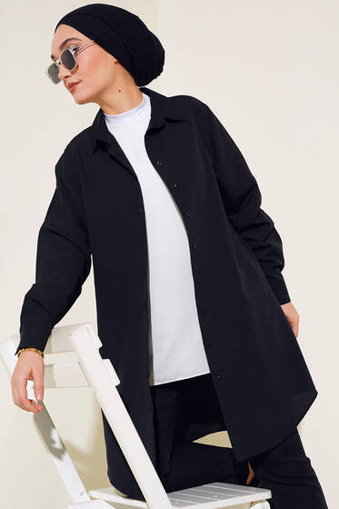 Boydan Düğmeli Pileli Uzun Gömlek Siyah - Gömlek