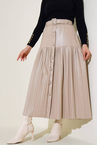 Boydan Düğmeli Piliseli Deri Etek Bej - Uzun Etek