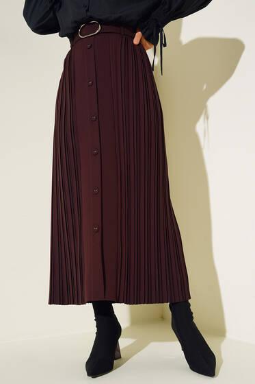 Boydan Düğmeli Piliseli Etek Kahve - Uzun Etek