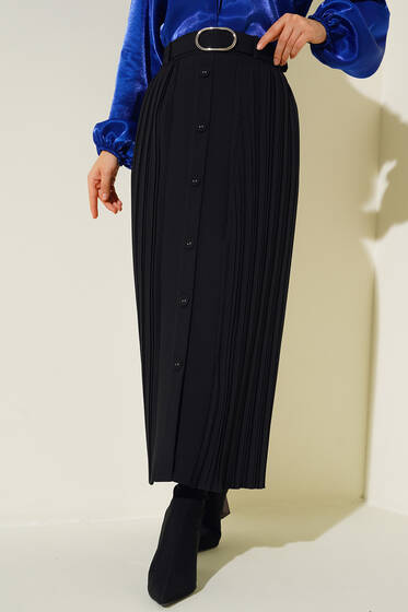 Boydan Düğmeli Piliseli Etek Siyah - Uzun Etek
