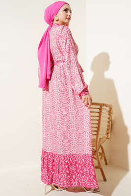 Boydan Düğmeli Retro Desen Elbise Fuşya - Tesettür Elbise