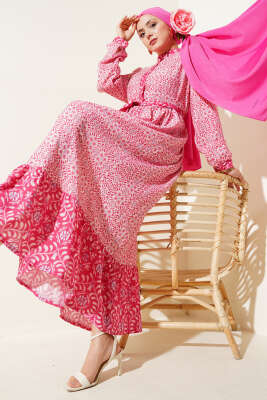 Boydan Düğmeli Retro Desen Elbise Fuşya 