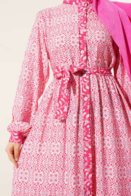 Boydan Düğmeli Retro Desen Elbise Fuşya - Tesettür Elbise