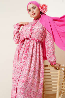 Boydan Düğmeli Retro Desen Elbise Fuşya - Tesettür Elbise