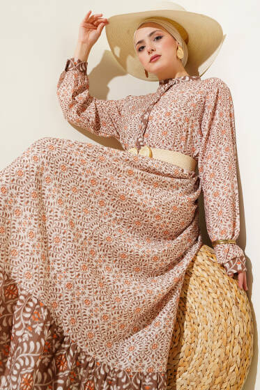 Boydan Düğmeli Retro Desen Elbise Kahve - Elbise