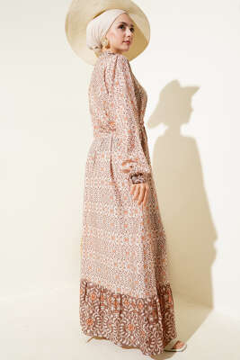 Boydan Düğmeli Retro Desen Elbise Kahve - Tesettür Elbise