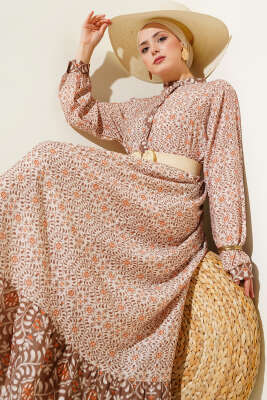 Boydan Düğmeli Retro Desen Elbise Kahve