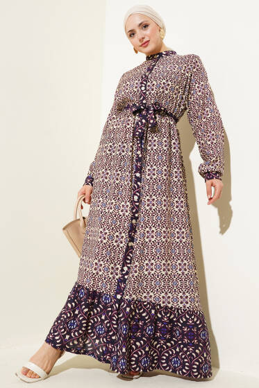 Boydan Düğmeli Retro Desen Elbise Mor - Elbise