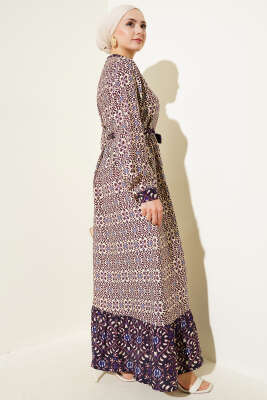 Boydan Düğmeli Retro Desen Elbise Mor - Tesettür Elbise