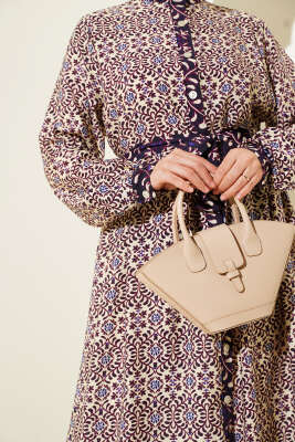 Boydan Düğmeli Retro Desen Elbise Mor - Tesettür Elbise