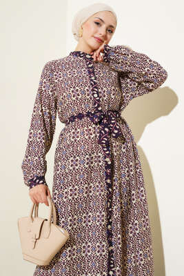 Boydan Düğmeli Retro Desen Elbise Mor - Tesettür Elbise