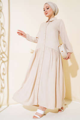 Boydan Düğmeli Salaş Elbise Bej - Tesettür Elbise