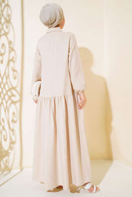 Boydan Düğmeli Salaş Elbise Bej - Tesettür Elbise