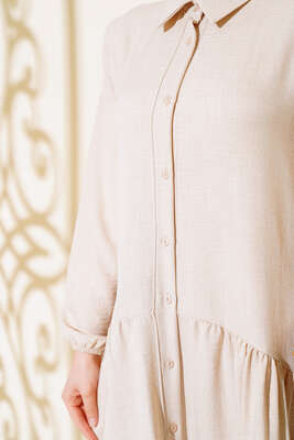 Boydan Düğmeli Salaş Elbise Bej - Tesettür Elbise