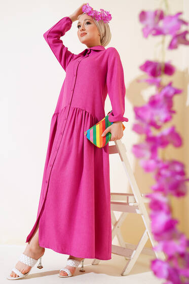 Boydan Düğmeli Salaş Elbise Fuşya - Elbise