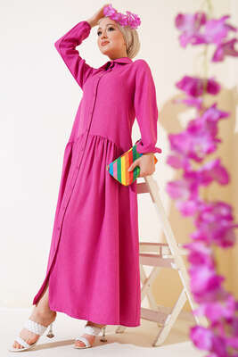 Boydan Düğmeli Salaş Elbise Fuşya 