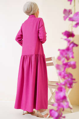 Boydan Düğmeli Salaş Elbise Fuşya - Tesettür Elbise