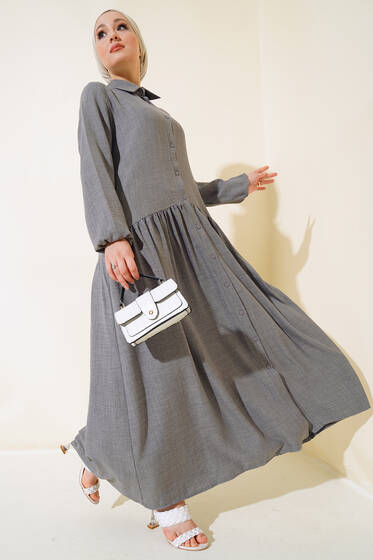 Boydan Düğmeli Salaş Elbise Gri - Elbise