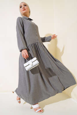 Boydan Düğmeli Salaş Elbise Gri 