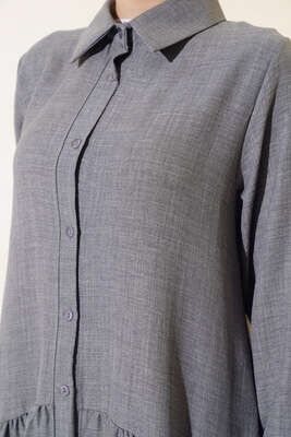 Boydan Düğmeli Salaş Elbise Gri - Tesettür Elbise