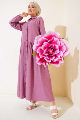 Boydan Düğmeli Salaş Elbise Gül Kurusu 