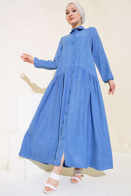 Boydan Düğmeli Salaş Elbise İndigo - Thumbnail
