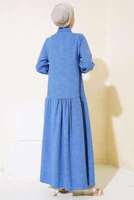 Boydan Düğmeli Salaş Elbise İndigo - Tesettür Elbise