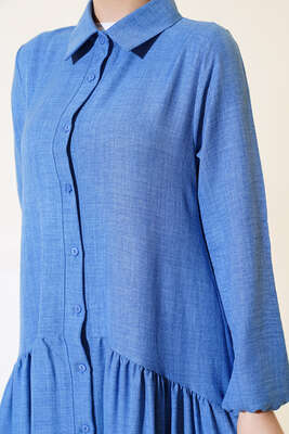 Boydan Düğmeli Salaş Elbise İndigo - Tesettür Elbise