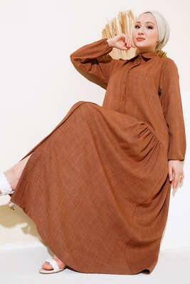 Boydan Düğmeli Salaş Elbise Kahve 