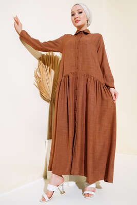 Boydan Düğmeli Salaş Elbise Kahve - Tesettür Elbise
