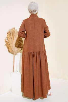 Boydan Düğmeli Salaş Elbise Kahve - Tesettür Elbise