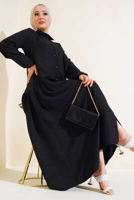 Boydan Düğmeli Salaş Elbise Siyah - Thumbnail