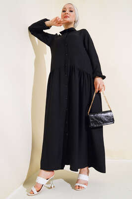 Boydan Düğmeli Salaş Elbise Siyah - Thumbnail