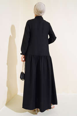 Boydan Düğmeli Salaş Elbise Siyah - Tesettür Elbise