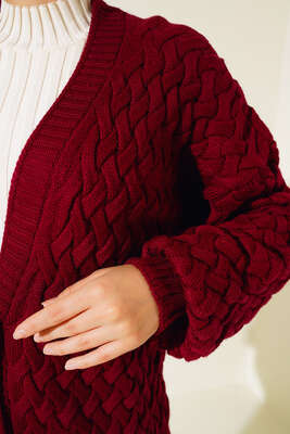 Boydan Düğmeli Sepet Örgü Uzun Hırka Bordo - Triko Hırka