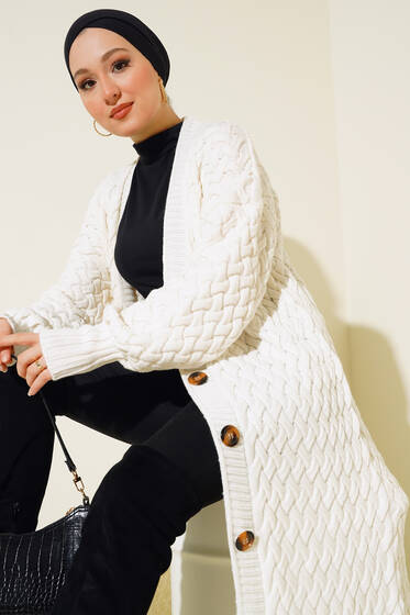 Boydan Düğmeli Sepet Örgü Uzun Hırka Ekru - Hırka