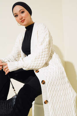 Boydan Düğmeli Sepet Örgü Uzun Hırka Ekru 