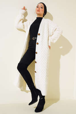 Boydan Düğmeli Sepet Örgü Uzun Hırka Ekru - Triko Hırka