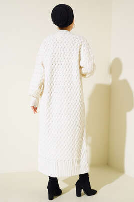 Boydan Düğmeli Sepet Örgü Uzun Hırka Ekru - Triko Hırka