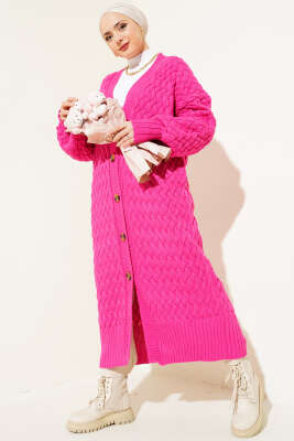 Boydan Düğmeli Sepet Örgü Uzun Hırka Fuşya 