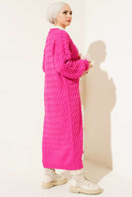 Boydan Düğmeli Sepet Örgü Uzun Hırka Fuşya - Triko Hırka