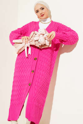 Boydan Düğmeli Sepet Örgü Uzun Hırka Fuşya - Triko Hırka
