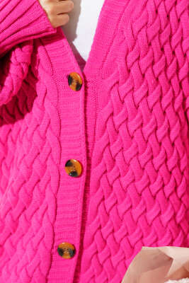 Boydan Düğmeli Sepet Örgü Uzun Hırka Fuşya - Triko Hırka