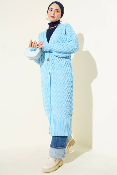 Boydan Düğmeli Sepet Örgü Uzun Hırka Gök Mavisi - Hırka