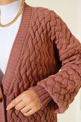 Boydan Düğmeli Sepet Örgü Uzun Hırka Gül Kurusu - Triko Hırka