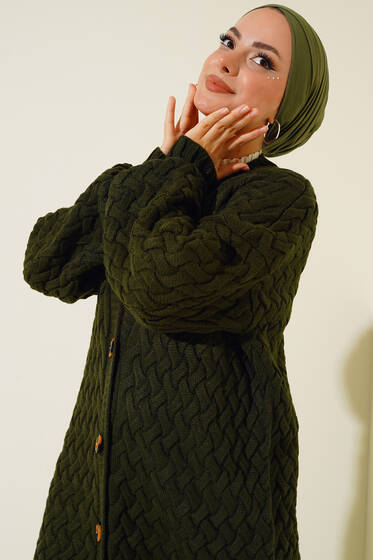 Boydan Düğmeliæ Sepet Örgü Uzun Hırka Haki - Hırka